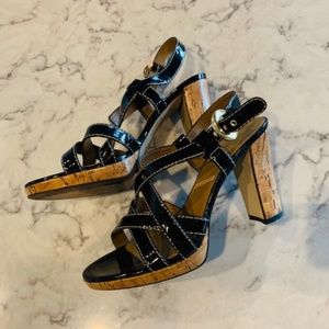 Tahari  Patent Blk with Cork 4" Heel Sandals